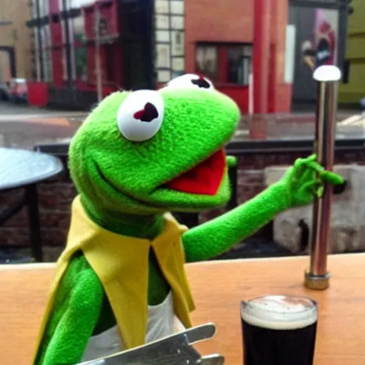 Prompt: kermit the frog drinking a beer
