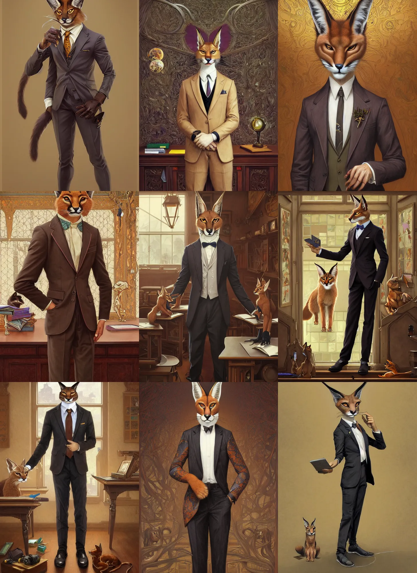 Prompt: full body photograph of a male anthropomorphic caracal fursona wearing a nice suit in a school classroom, deep focus, intricate, elegant, highly detailed, digital painting, artstation, concept art, matte, sharp focus, illustration, d & d, fantasy, hearthstone, art by artgerm and greg rutkowski and alphonse mucha