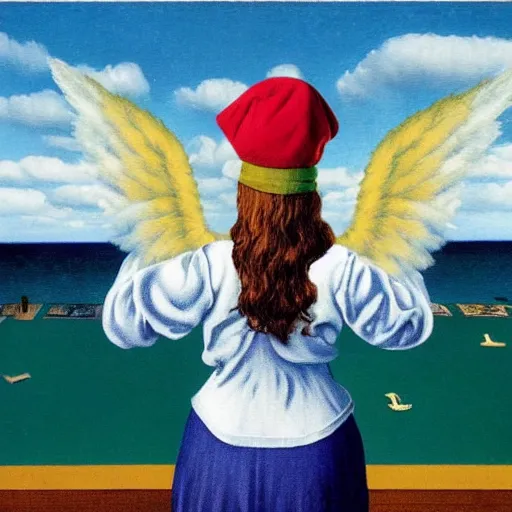 Image similar to An angel with jester hat and clothes on the front of a Balustrade with a beach on the background, major arcana cards, by Rene Magritte, hyperrealistic