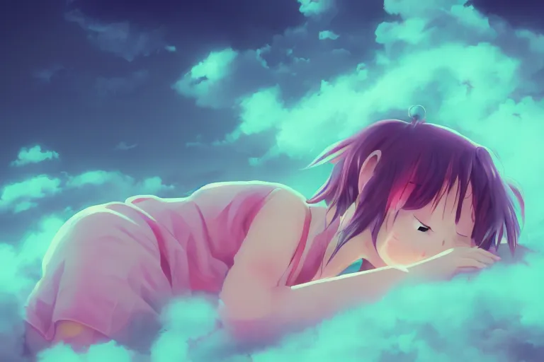 Image similar to a cute anime girl sleeping on a cloud, misty, glows, digital art, hazy, foggy, ambient lighting, 8 k, neon, synthwave,