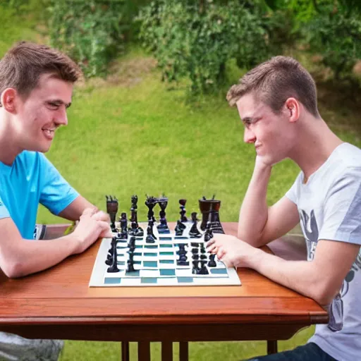 Prompt: two young guys are sitting at a table, playing chess. One is wearing a yellow tanktop and is smiling. The other has a white shirt and looks angry. The sky is blue with a Mediterranean background. Foto. Detailed faces. Detailed hands.
