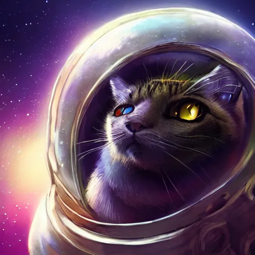 Prompt: fantasy cat with a helmet floating in space, high detail, fantasy art, concept art, 4 k, ultra detail, computer art