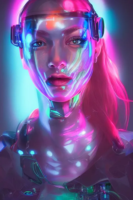 Prompt: portrait of a trippy cyborg girl with biotechnical parts and neon light by Artgerm, digital painting, highly detailed, trending on artstation