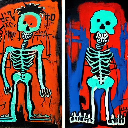 Image similar to Gritty splattered punk painting of the anatomy of a mad scientist & skeleton, painted by Basquiat. Dark background. Black background. award winning painting. Trending on artstation and behance.