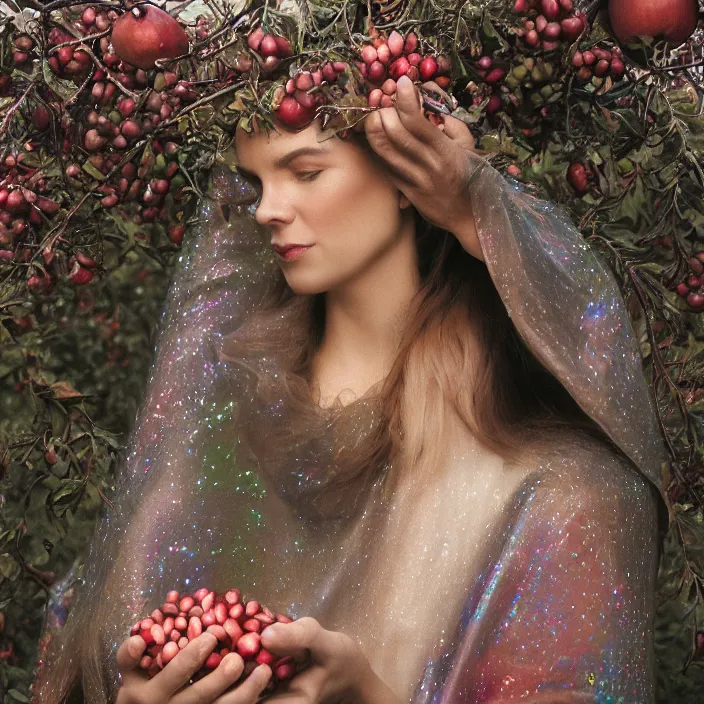 Image similar to a closeup portrait of a woman wearing a hooded cloak made of holographic mylar, picking pomegranates from a tree in an orchard, foggy, moody, photograph, by vincent desiderio, canon eos c 3 0 0, ƒ 1. 8, 3 5 mm, 8 k, medium - format print