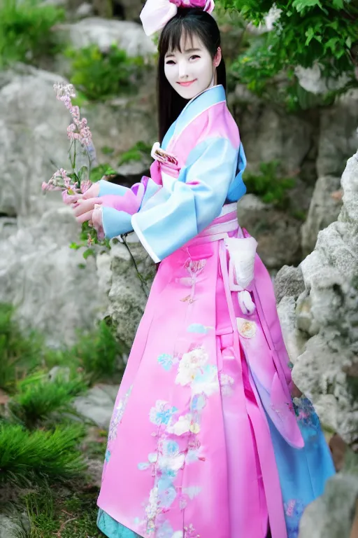 Image similar to pretty korean woman wearing beatiful hanbok, bright pastel colors