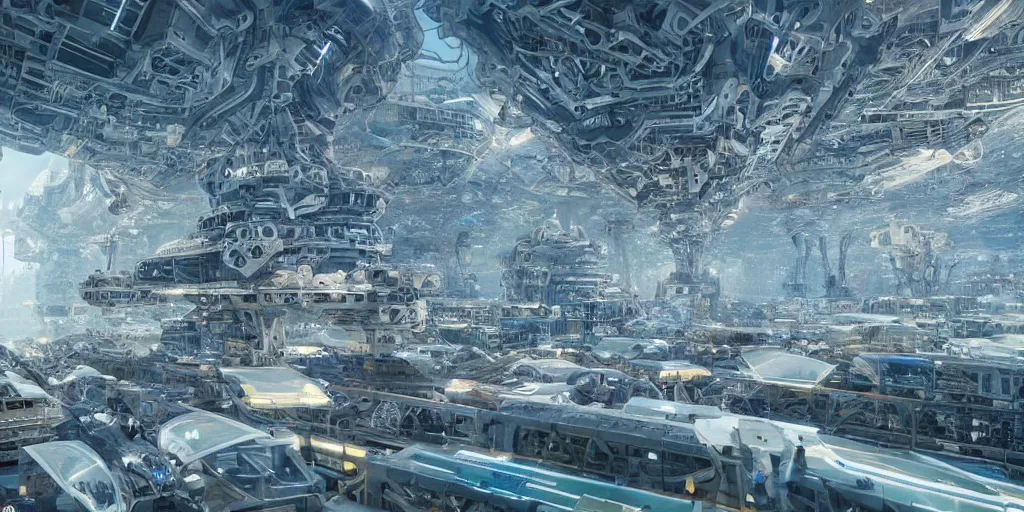 Image similar to organic generative design megastructures housing millions of robots in the style of ready player one