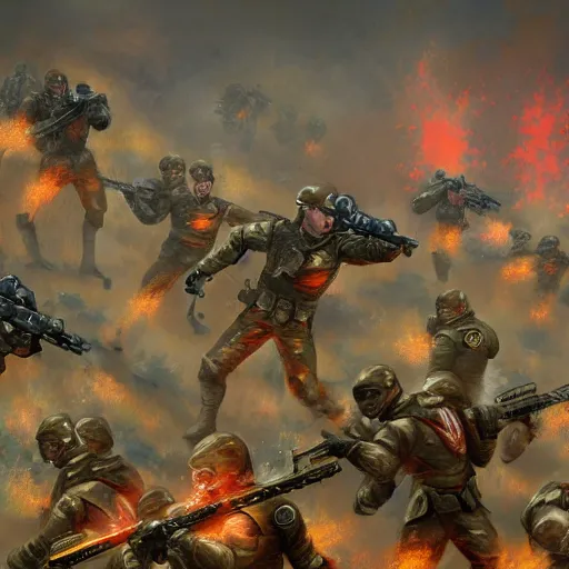 Image similar to Imperial Guard soldiers several people are holding the defense against a swarm of terranids, super quality,4k Artist - Phil Moss