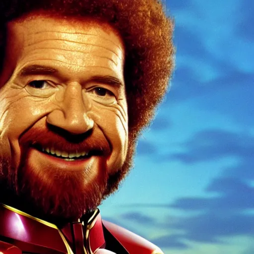 Image similar to a still of Bob Ross as Ironman. Magic Hour. Professional photography, 4K. Mood