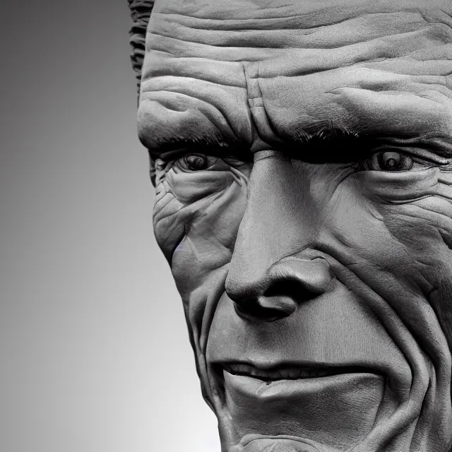 Image similar to photography of a sculpture of Clint Eastwood made of clay by Sebastian Kruger and Michelangelo, 50mm, studio atmosphere, 8K, rim light, octane render, ultra-realistic