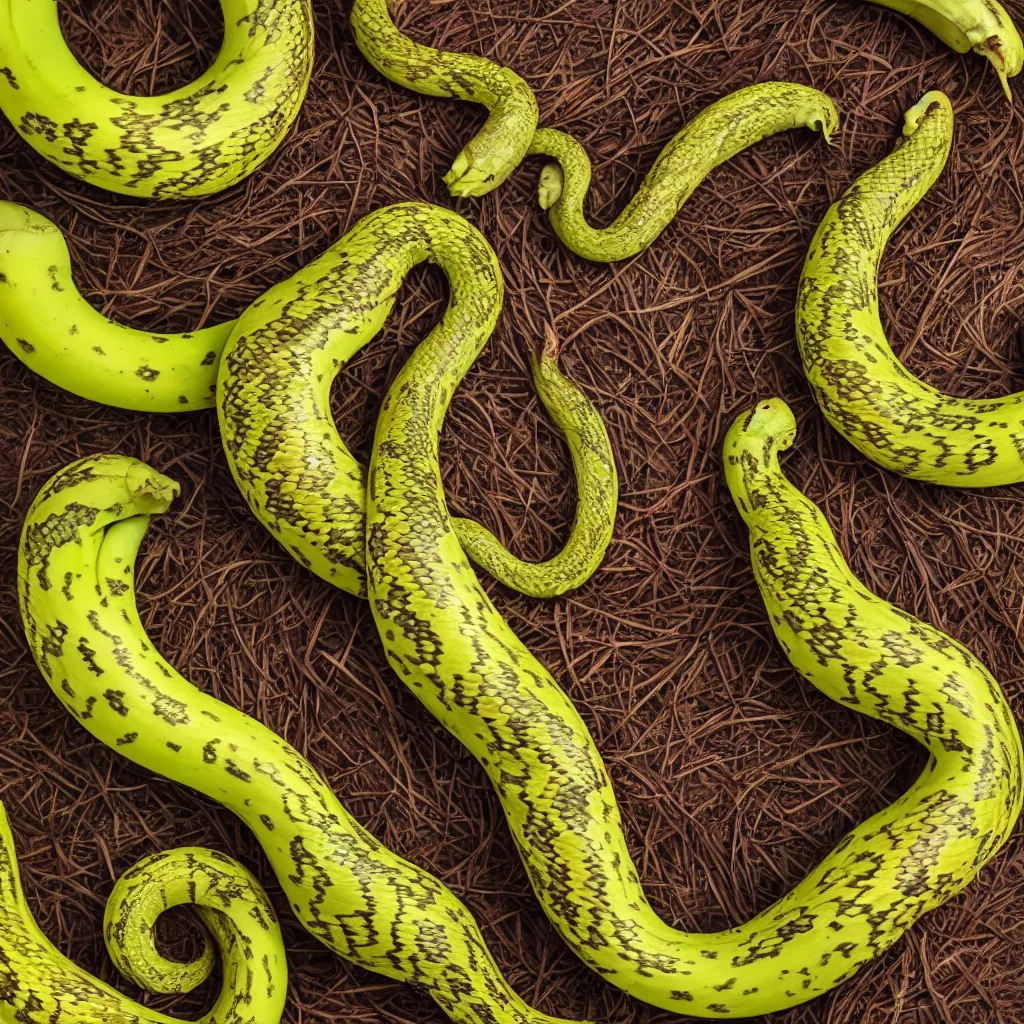 Image similar to snakes that look like very ripe bananas, and form a complex fractal, cracked, vegetable foliage, art nouveau fractal with petal shape, and stems, mesh roots, hyper real, food photography, high quality