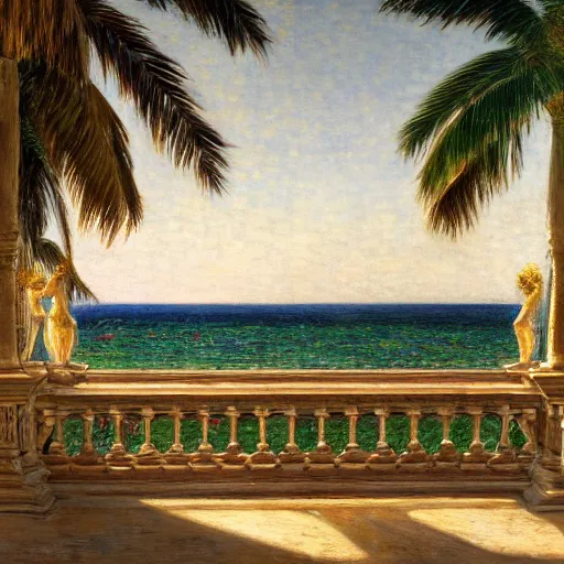 Image similar to a ultradetailed beautiful painting of the amazonas palace balustrade designed by jules bastien - lepage, hans belmer, frank weston and gustave baumann, beach, trending on artstation, mediterranean, palm trees, refracted color sparkles, sharp focus, soft light, 8 k 4 k