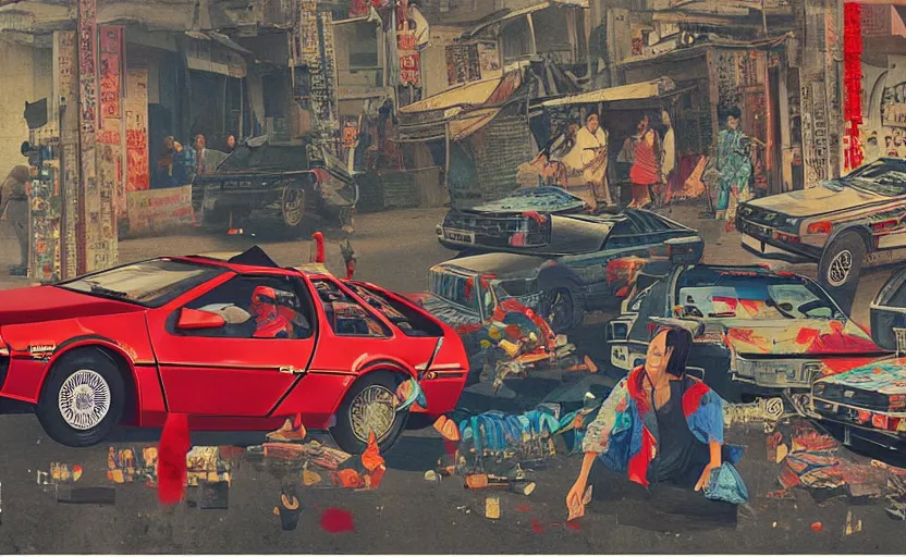 Image similar to a red delorean in ajegunle slum of lagos - nigeria, painting by hsiao - ron cheng, utagawa kunisada & salvador dali, magazine collage style,