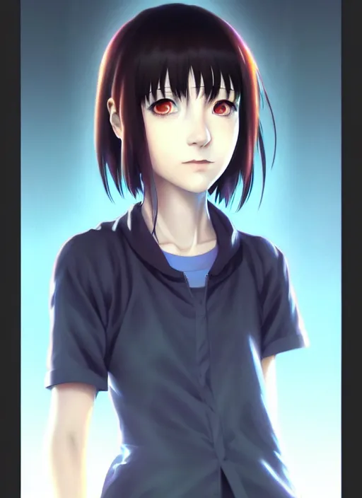 Image similar to a beautiful portrait painting of lain from serial experiments : lain. character design by shinji aramaki, charlie bowater, ross tran, artgerm, and makoto shinkai