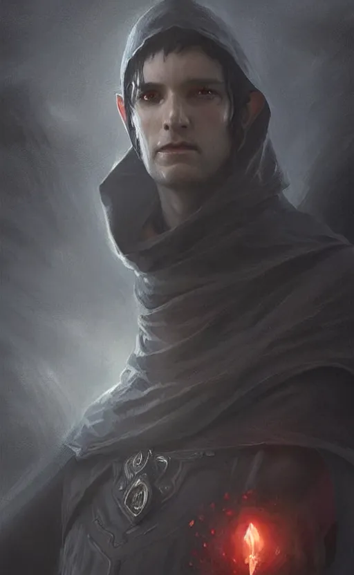 Image similar to Portrait of an elf in a black cloak, black hair, glowing eyes, male, detailed face, fantasy, highly detailed, cinematic lighting, digital art painting by greg rutkowski