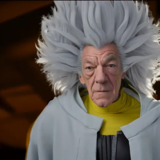 Image similar to film still, full body shot of ian mckellen playing saitama dressed in the one punch man costume