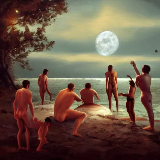 Prompt: five guys skinny dipping in the moonlight, trending on artstation