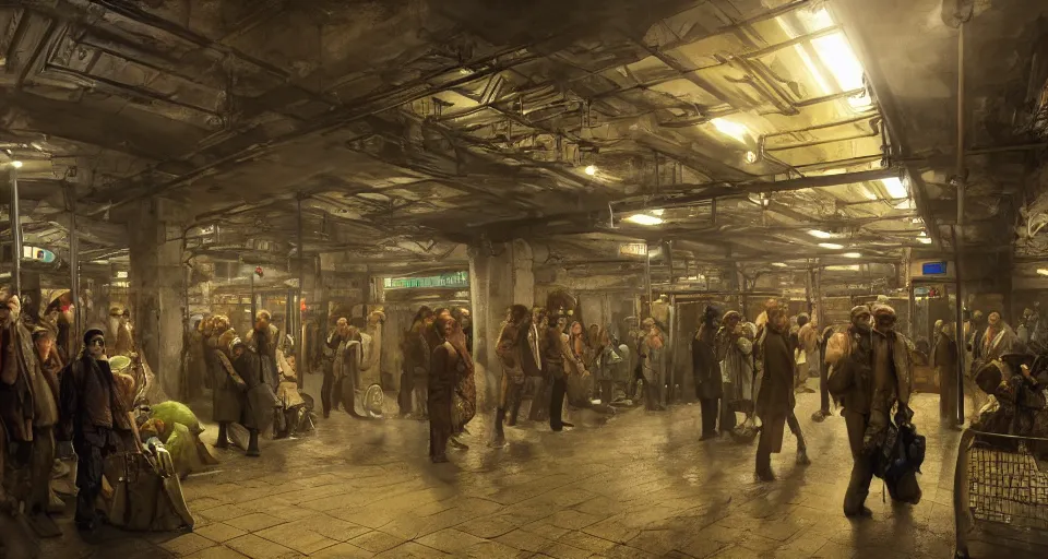 Image similar to cluster phobic market in an underground dystopian subway by eugene von guerard, ivan shishkin, dramatic lighting, concept art, trending on artstation