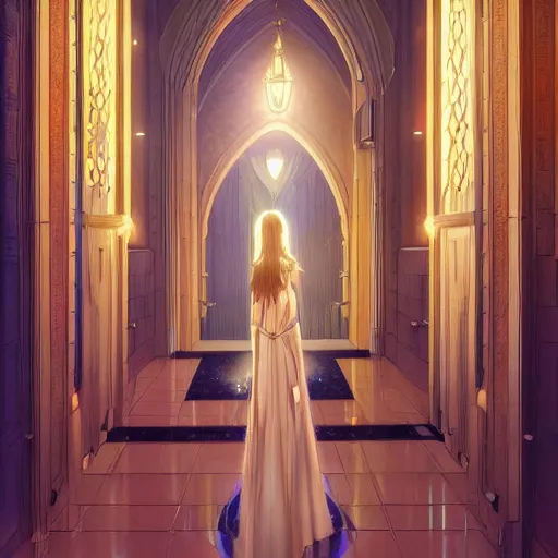 Image similar to angelic girl in intricate clothing walking a cathedralic hallway at night, very high detail, painting, anime, wlop, ilya kuvshinov, artgerm, krenz cushart, greg rutkowski, sana takeda