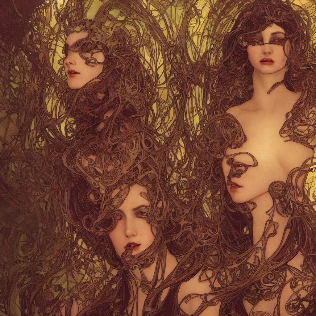 Image similar to a dramatic art nouveau panorama portrait of a malevolent and seductive alien space queen, perfectly symmetrical facial features, beautiful confident eyes, photorealism, by alphons mucha, bill sienkiewicz, geof darrow, travis charest and ralph bakshi, sensual volumetric lighting, vray render, zbrush, artstation, deviantart, the liberator
