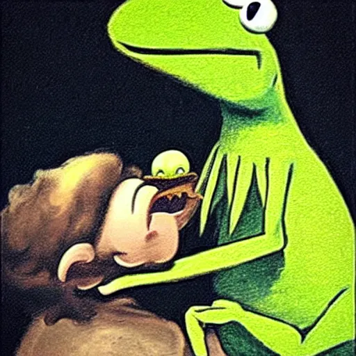 Image similar to “Kermit the Frog Devouring His Son” by Francisco Goya