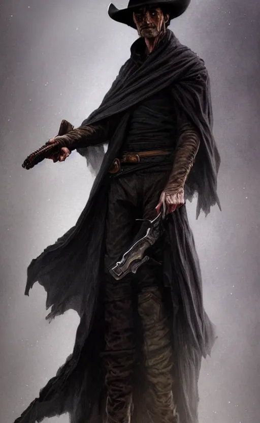 Image similar to Thin roguish cowboy man wearing a black cloak made of very thousands of thin strips of cloth that decay into mist. Holding a revolver. fantasy, highly detailed, digital painting, artstation, concept art, smooth, sharp focus, illustration, art by artgerm and greg rutkowski and alphonse mucha