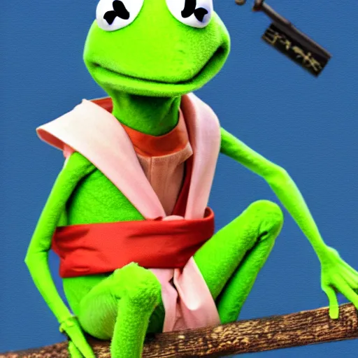 Image similar to Kermit the frog as an anime character, in the style of TV anime afro samurai, sitting near a river, Key Frame, Top rated of pixiv, High Detail, Medium Shot, Studio Bones, Dusk