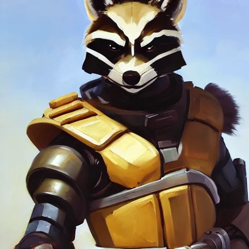 Image similar to greg manchess portrait painting of armored rocket raccoon as overwatch character, medium shot, asymmetrical, profile picture, organic painting, sunny day, matte painting, bold shapes, hard edges, street art, trending on artstation, by huang guangjian and gil elvgren and sachin teng