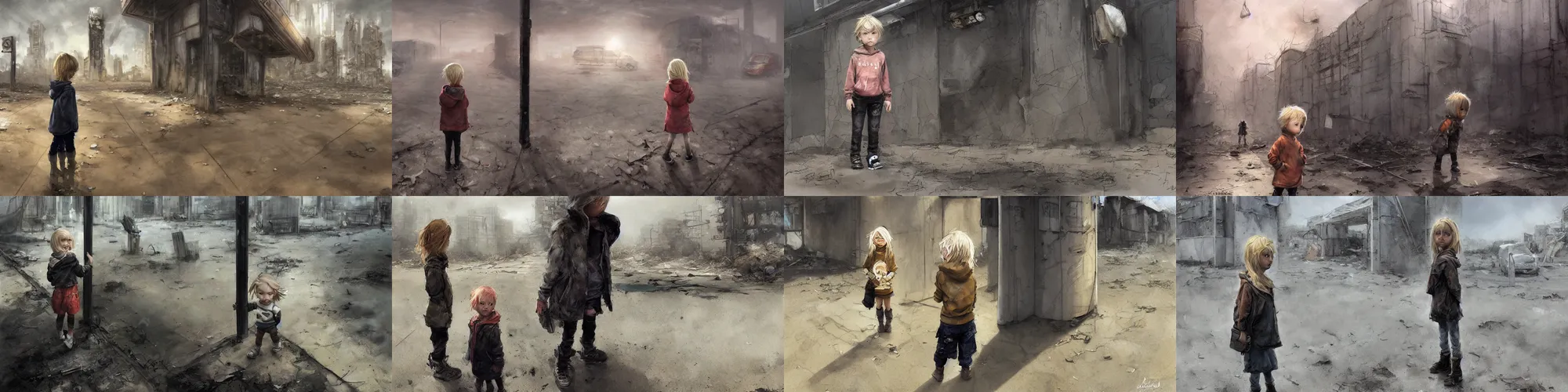 Prompt: a blonde haired little girl wearing a hoodie standing in a post - apocalyptic city by craig davison, abandoned bus stop, craters, scorching weather, realistic, epic composition