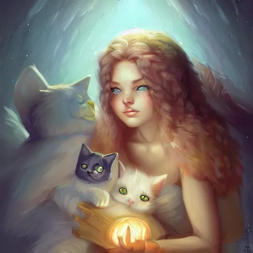 Image similar to cat angel, cute and adorable, pretty, beautiful, fantasy painting, DeviantArt Artstation, by Jason Felix by Steve Argyle by Tyler Jacobson by Peter Mohrbacher, cosy atmoshpere