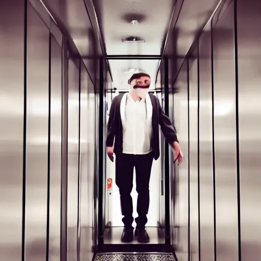 Image similar to a man in an elevator that moves horizontally and vertically