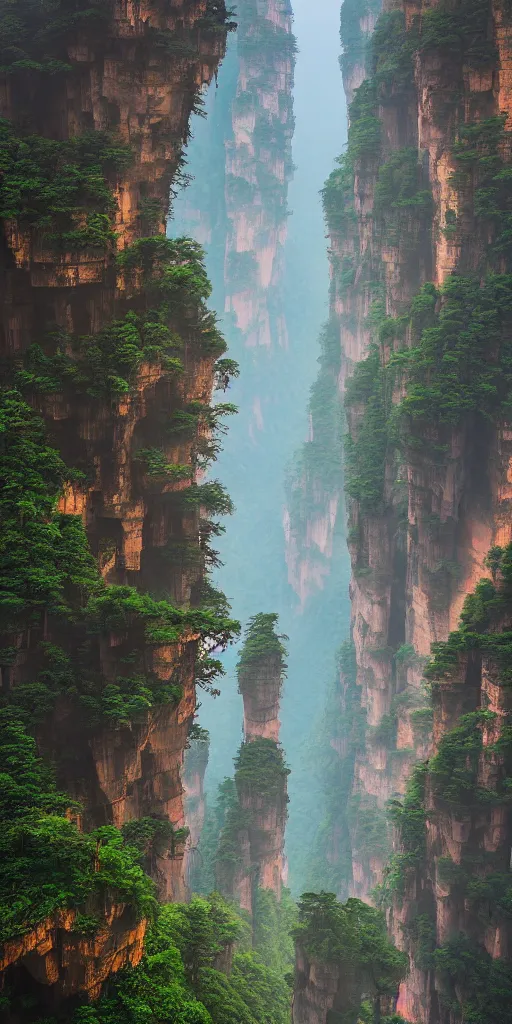 Image similar to zhangjiajie national forest park by dan mumford, artstation, behance, highly detailed, concept art, dramatic lighting