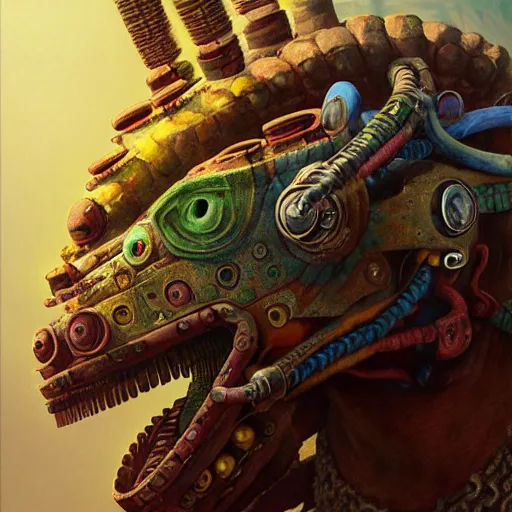 Prompt: a expressive portrait of masked diesel punk quetzalcoatl on the art of mayan ancient culture, artstation, award - winning realistic sci - fi concept art by jim burns and greg rutkowski, beksinski, a realism masterpiece, expressive color palette, james gilleard, bruegel, alphonse mucha, and yoshitaka amano