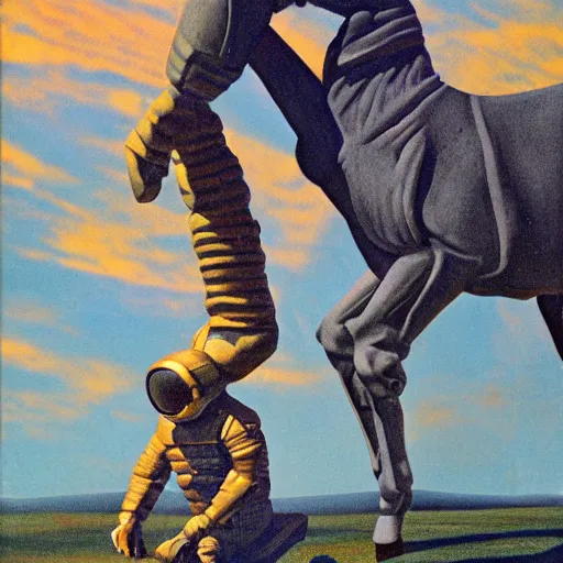 Image similar to surreal art astronaut standing on all fours and horsey stand on him