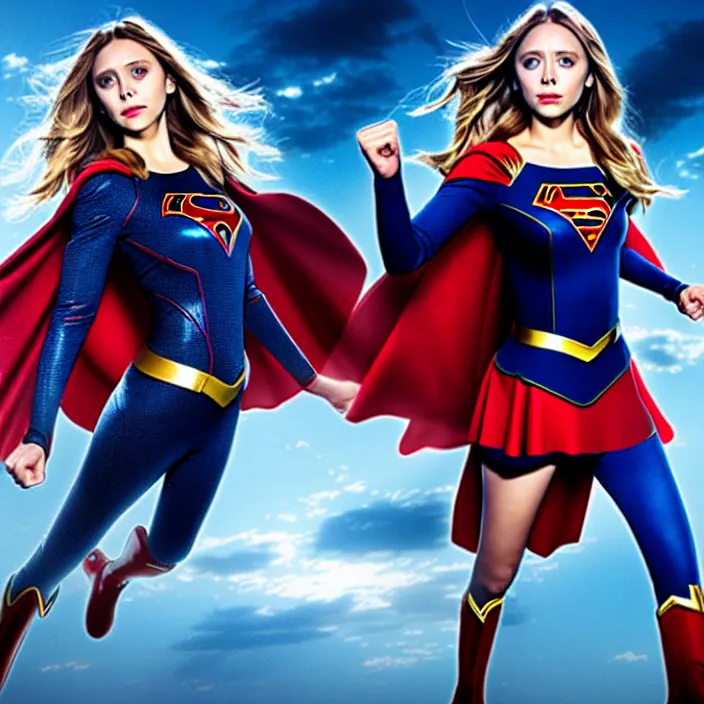 Prompt: professional full length photograph of elizabeth olsen as supergirl. Extremely detailed. 8k