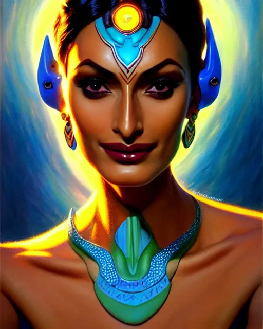 Prompt: symmetra from overwatch, fantasy, fantasy art, fantasy, colorful, elegant, character portrait, portrait, close up, highly detailed, intricate detail, amazing detail, sharp focus, vintage fantasy art, vintage sci - fi art, radiant light, caustics, by boris vallejo