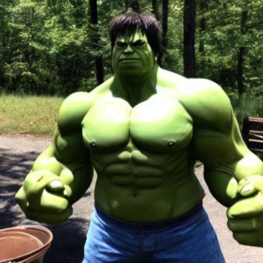 Prompt: The Hulk at summer camp