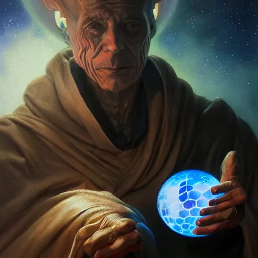 Image similar to the creator of worlds wearing a cloak and holding a holographic planet projection in his hand, detailed, sci - fi, digital painting, artstation, sharp focus, illustration, ominous, artgerm, tomasz alen kopera, peter mohrbacher, donato giancola, joseph christian leyendecker, wlop, frank frazetta