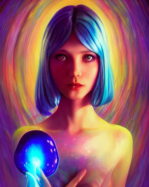 Prompt: a beautiful hyper realistic psychedelic digital illustration a girl with blue hair, surrounded by glowing mushrooms, ilya kuvshinov, artgerm