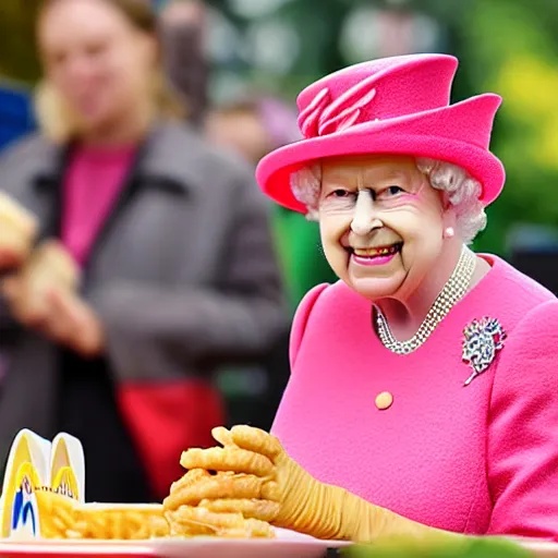 Image similar to the Queen eating a McDonald's happy meal