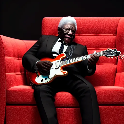 Image similar to b. b king, sitting in a fluffy chair, with very highly detailed face, playing an very highly detailed electric semi - hollow guitar. photorealistic octane render, unreal engine 5, trending on artstation, 4 k, 8 k, uhd, beautiful, dramatic by steve mccurry