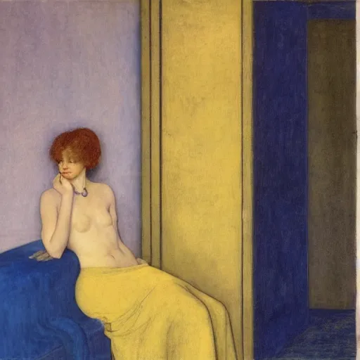 Image similar to close up of a girl in a blue and gold haunted liminal abandoned room, film still by edward hopper, by Pontormo, by klimt, by dante gabriel rossetti, pre-raphaelite. art noveau, highly detailed, strong lights, liminal, eerie, Bright pastel colors