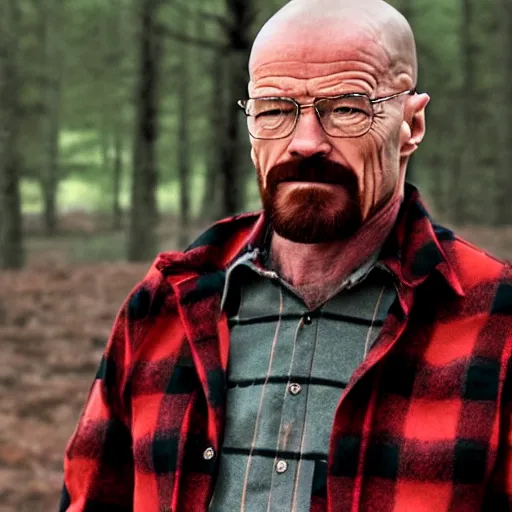 Prompt: walter white as a lumberjack, red flannel