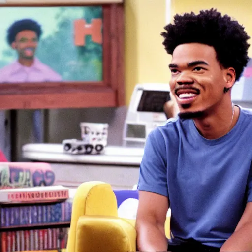 Image similar to a tv still of Chance The Rapper starring as a black college student at Jones College Prep in a 1993 sitcom