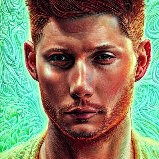 Image similar to portrait of jensen ackles, hyper detailed masterpiece, neon floral pattern, jean giraud, digital art painting, darkwave goth aesthetic, psychedelic, artgerm, donato giancola and tom bagshaw