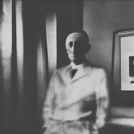 Image similar to underexposed photo of Marcel Duchamp in a room with an ancient machine, tri-x, archival pigment print in the style of Hito Steyerl, contemporary art