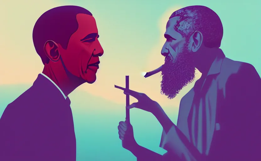 Image similar to Obama and Jesus smoking out by Beeple; ultra-realistic depth shading; 4K; 8K