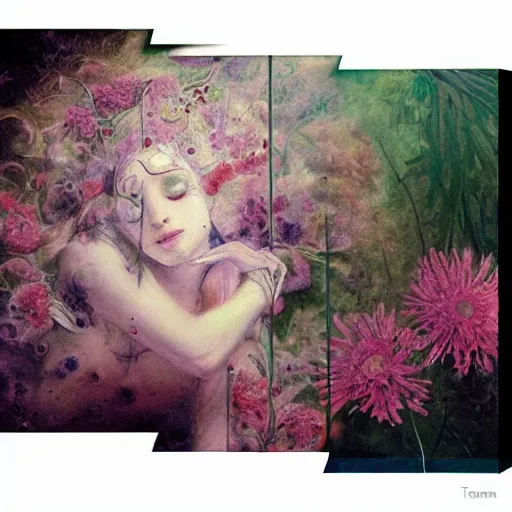 Image similar to This experimental art is a large canvas, covered in a wash of color. In the center is a cluster of flowers, their petals curling and twisting in on themselves. The effect is ethereal and dreamlike, and the overall effect is one of serenity and peace. comic book art by Thomas Benjamin Kennington peaceful