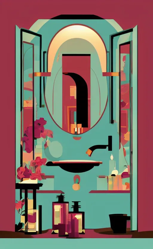 Image similar to illustration with a set of beautiful scented candles with bathroom interior on the background, an art deco painting by tom whalen, trending on behance, art deco, digital illustration, storybook illustration, grainy texture, flat shading, vector art, airbrush, pastel, watercolor, poster