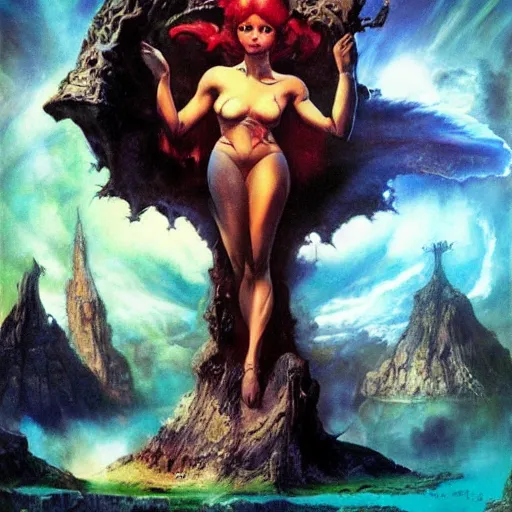 Prompt: princess of the dreamlands, cyclopean city, beautiful! coherent! by mariusz lewandowski, by frank frazetta, deep colors, strong lines, high contrast